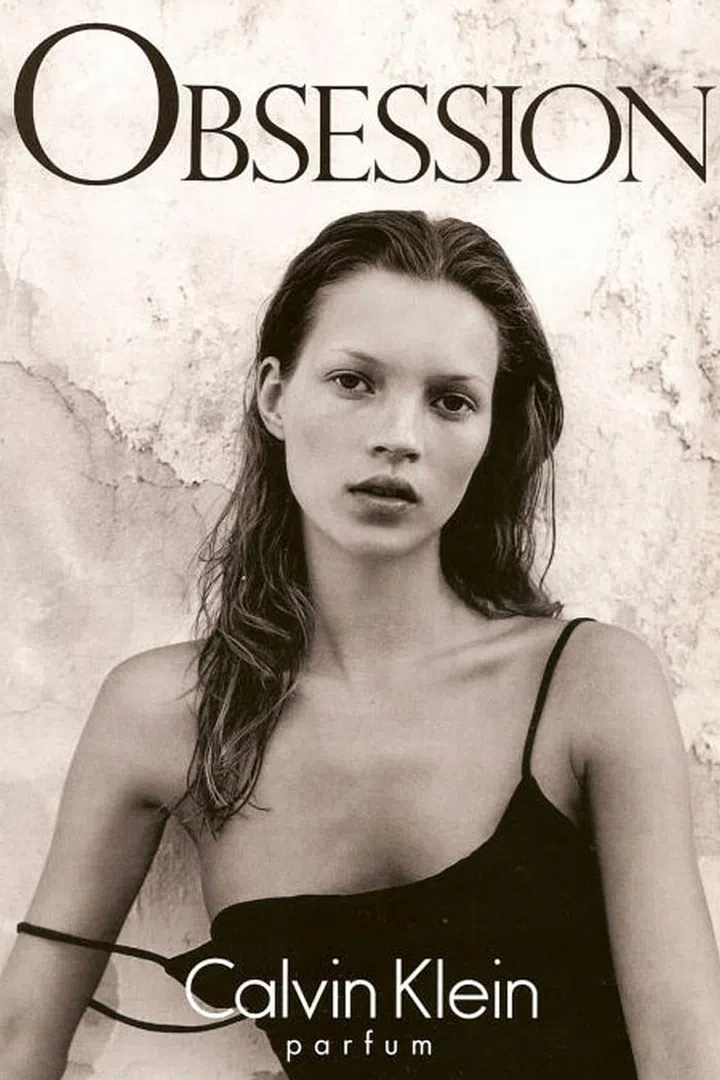 This Calvin Klein Obsession perfume ad featured a more covered-up Moss (but just barely).