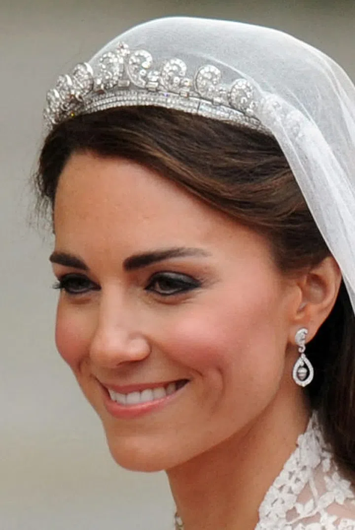 Kate wore a diamond Cartier tiara on her wedding day, which was lent to her by Queen Elizabeth.
