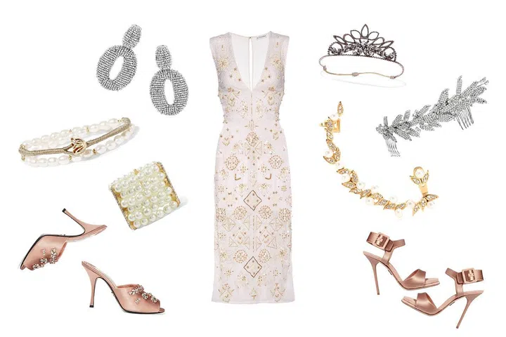 Clockwise from top left: beaded clip-on earrings, $465, Oscar de la Renta at MyTheresa; beaded cotton dress, $8655, Altuzarra at MyTheresa; rose gold-plated crystal headband, $1126, Erickson Beamon at Net a Porter; silver-tone Swarovski crystal hair slide, $1684, Jennifer Behr at Net a Porter; gold-plated ear cuff with pearls and Swarovski crystals, $235, Joanna Laura Constantine at MyTheresa; satin and suede sandals, $860, Paul Andrew at Net a Porter; crystal-embellished satin sandals, $1930, Prada at Net a Porter; faux pearl, crystal and gold-plated bracelet, $205, Kenneth Jay Lane at Net a Porter; gold-plated pearl bracelet, $135, Katerina Makriyianni at Net a Porter.