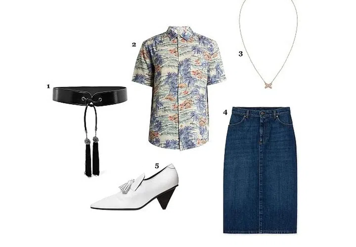 1. Belt, Saint Laurent 2. Shirt, Faherty at Matchesfashion.com 3. Necklace, Chaumet 4. Skirt, Alexa Chung 5. Shoe, Céline