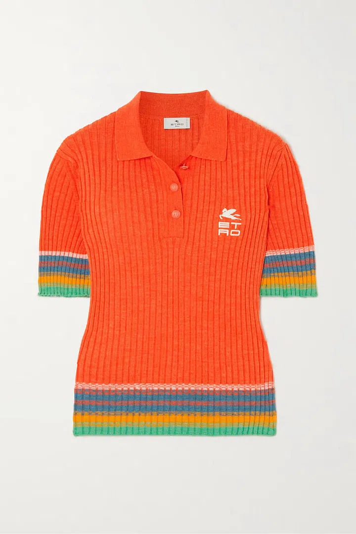 Embroidered Striped Ribbed-Knit Polo Shirt, $349, Etro at Net-a-Porter