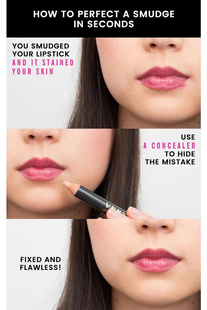 1. Fix smudged makeup in a flash by using concealer to hide your mistake. Don't have a makeup wipe handy? If you color outside of your lip line and the shade stains your skin, use concealer to cover up your mistake. Try Vert Concealer Stick.