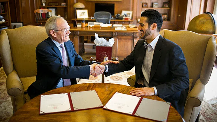 Jameel (right) meets with MIT president L. Rafael Reif. Photo: Adbul Latif Jameel