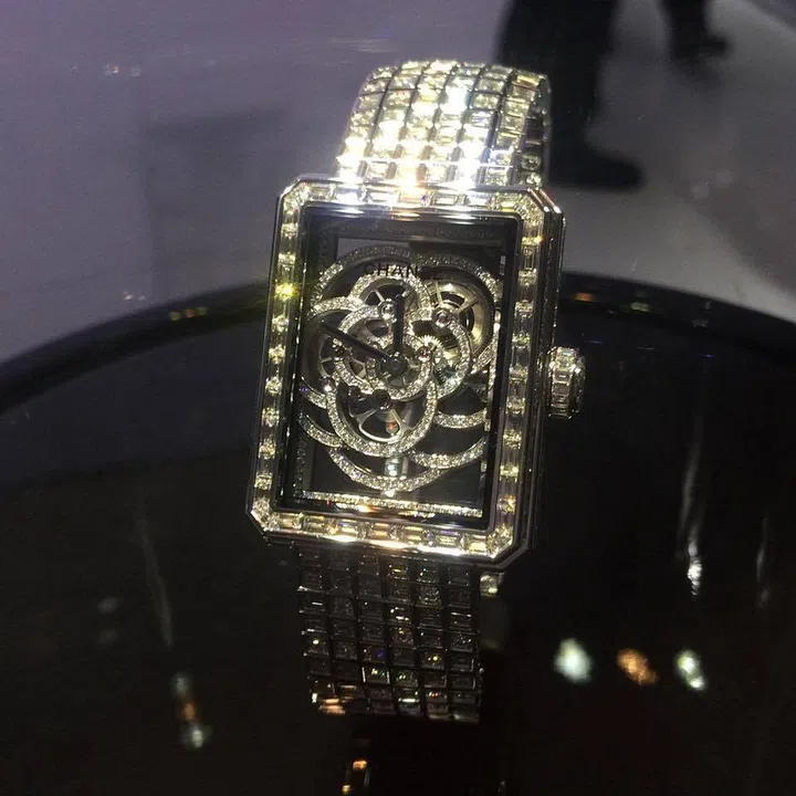 The Première Camélia Skeleton watch features the brand's second in-house movement with a remarkable camellia motif design