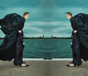 A photo collage of a model wearing a silk robe and a dress from Max Mara Resort 2025 shot in Burano island, Venice