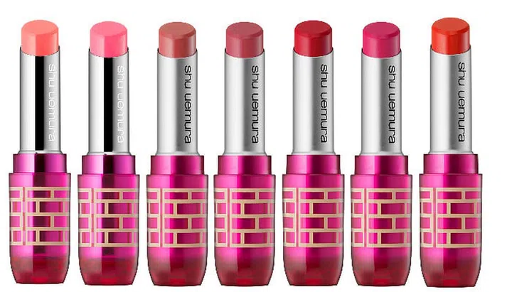 From left: Rouge Unlimited Sheer Shine in Saved Peach &amp; Stage Cleared, $38 each; Rouge Unlimited Supreme Matte in BG984, PK375, RD187, PK376, OR570, $38 each, Shu Uemura x Super Mario