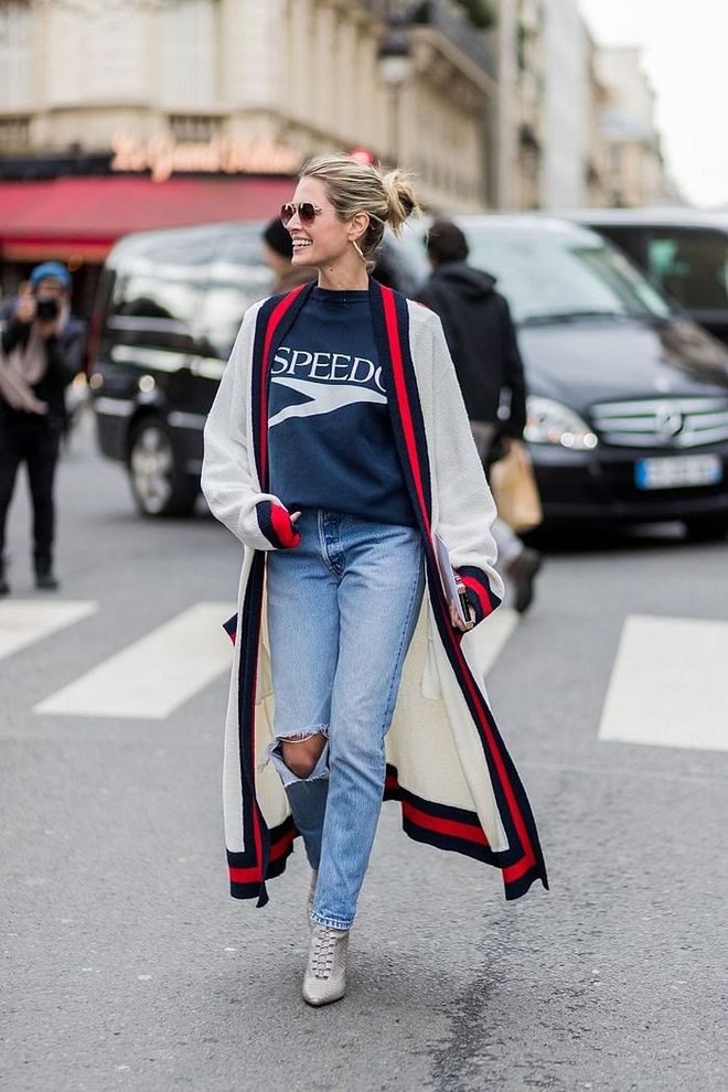 The closest you'll get to wearing a dressing gown outside, Gucci's midi-length knit cardi looks best when teamed with low-key denim. Photo: Getty 