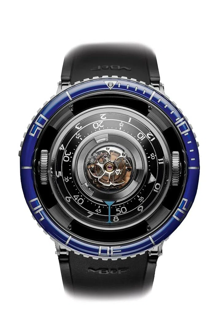 MB&F is an incredibly independent watch brand known for creating unique “horological machines." Its latest, limited-edition automatic piece was inspired by jellyfish—and while it's not specifically a dive watch, it does share some similar traits, like the uni-directional bezel that circles separately around the dial, its 60-second flying tourbillon (which helps it escape the effects of gravity) at the top, a power reserve of 72 hours, and the fact that it certainly can get wet: The watch is water-resistant to 50 meters.