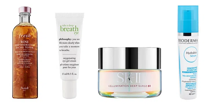 From left: Fresh Deep Hydration Rose Toner, Philosophy Take A Deep Breath Eye Cream, SK-II Cellumination Deep Surge EX, Bioderma Hydrabio Serum. Photo: Courtesy of brands