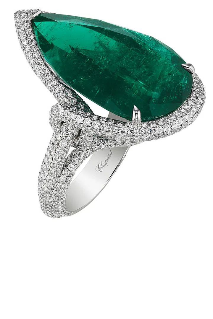 Emerald and platinum pave pear-shaped ring, price upon request, chopard.com.
