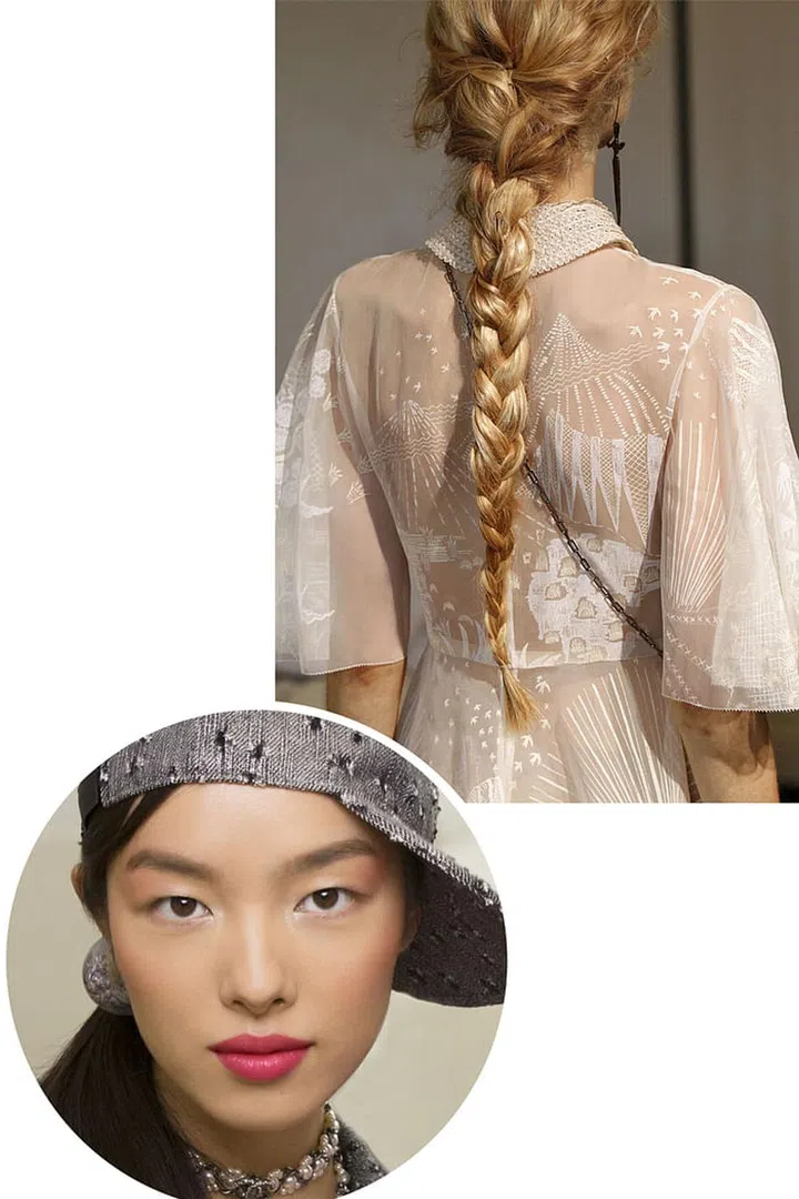 Go romantic for makeup. At Chanel, sweet lips (a blend of matte and liquid lipstick and gloss) and blushed cheeks looked fresh and modern. And for hair, a braid—like this fairytale style at Valentino—is a good replacement for your messy bun.