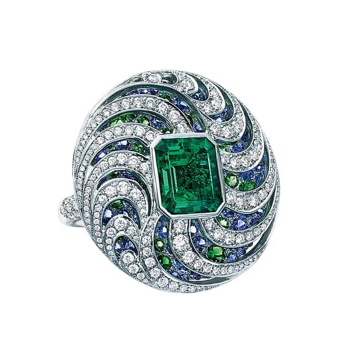 Make waves with this gorgeous Tiffany & Co. cocktail ring from the 2016 Blue Book collection. Inspired by seaweed underwater, the emerald-cut emerald, surrounded by blue sapphires, tsavorites and diamonds, flaunts Tiffany & Co.’s craftsmanship and artistry.