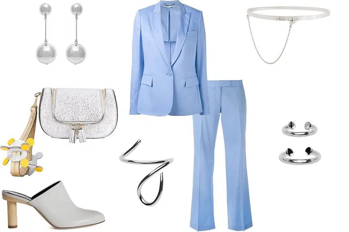 J.W. Anderson earrings, $405, Stella McCartney jacket, $1,285, Eddie Borgo necklace, $275, Jennifer Fisher rings, $235, Stella McCartney pants, $595, Jennifer Fisher cuff, $,685, Tibi shoe, $495, Anya Hindmarch bag, $1,295. 