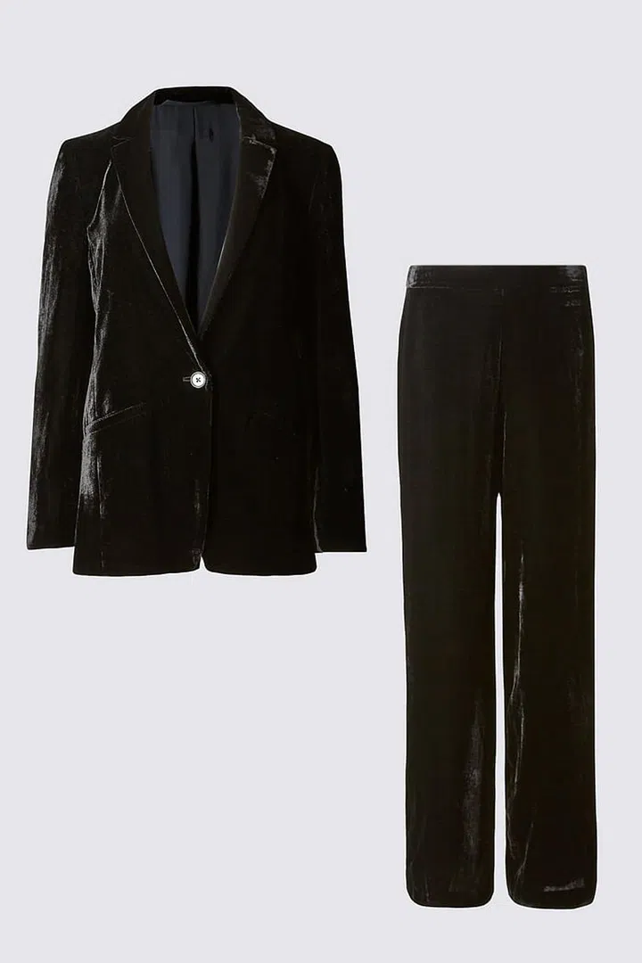 Soft Velvet Blazer, $199.90; Velvet Wide Leg Trousers $119.90