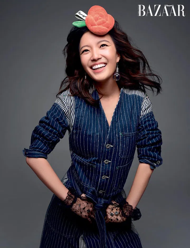 Dress; brooch (worn on head), Kenzo. Earrings, Annette’s own. Gloves, stylist’s own