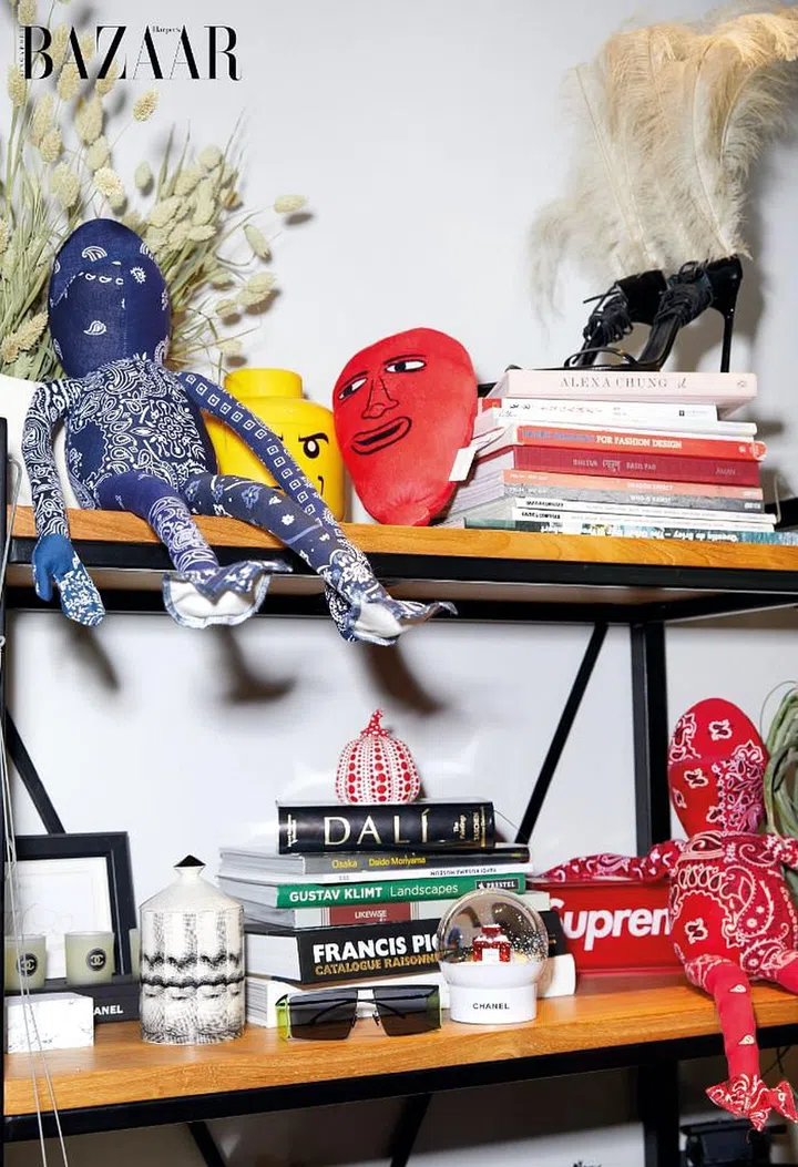 Some of the books and quirky trinkets in Tan’s lounge area.