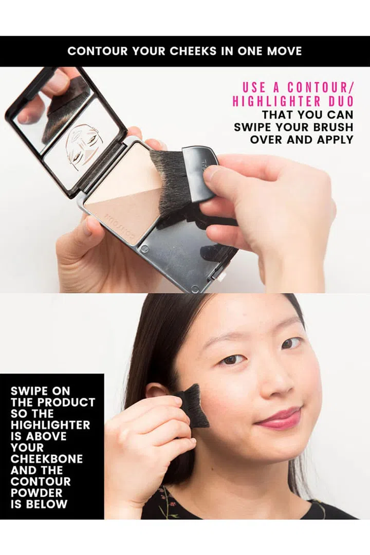 4. Run the bottom part of a makeup brush over a darker contour powder and the top part of the same makeup brush over a highlighter, and then apply it in one fell swoop. You can also just pick up a dual-toned product, like L'Oréal Paris Infallible Pro Contour Palette, that has a Pac Man-shaped brush that fits to the curves of your cheekbone, contouring and highlighting it perfectly in one move.