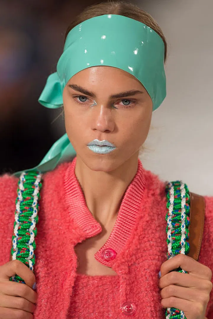 At Maison Margiela, models walked with varying shades of blue glitter lips created by makeup artist Pat McGrath and her team.