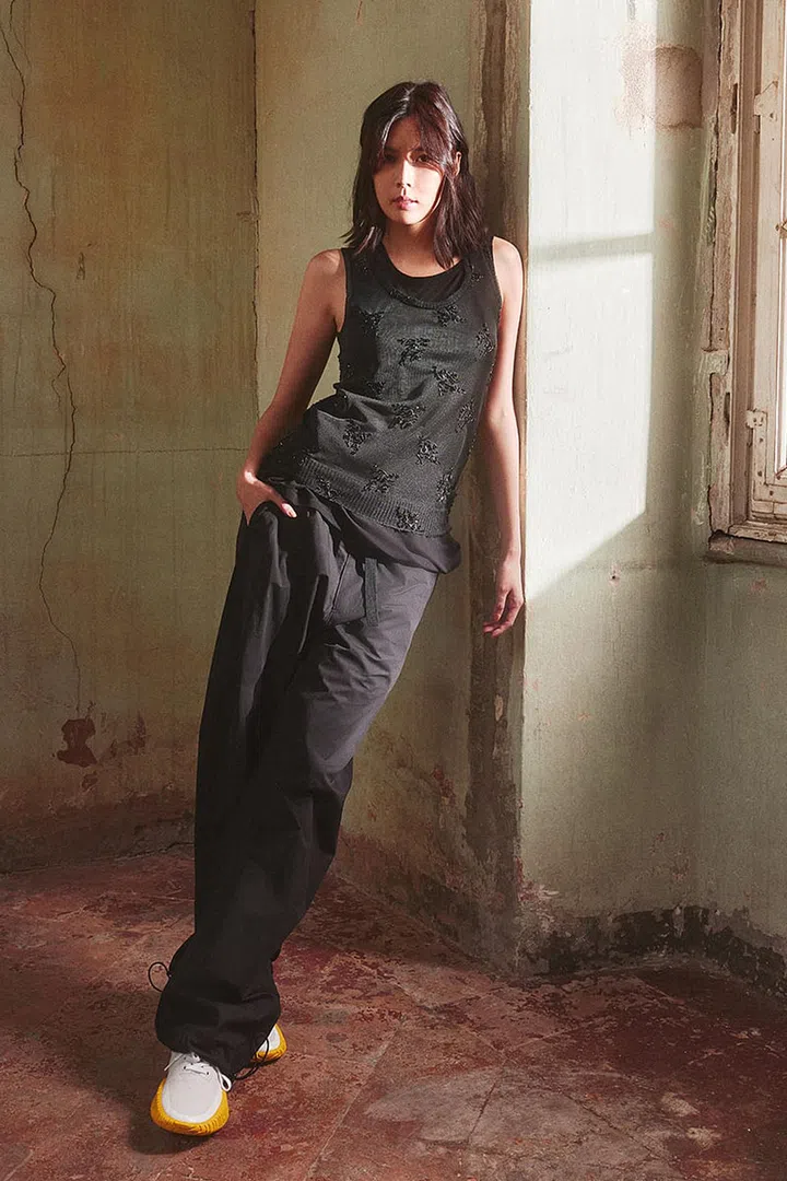 Beaded tank; trousers and sneakers, Onitsuka Tiger. Photo: Hans Goh