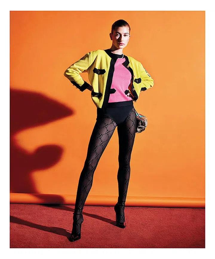 Gucci jacket, top, tights, and bag; Commando briefs; Tiffany & Co. necklace; Gianvito Rossi shoes