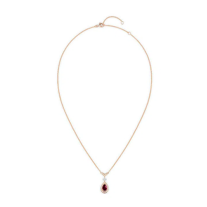 Pink gold, pyrope garnet, and diamond, $7,990