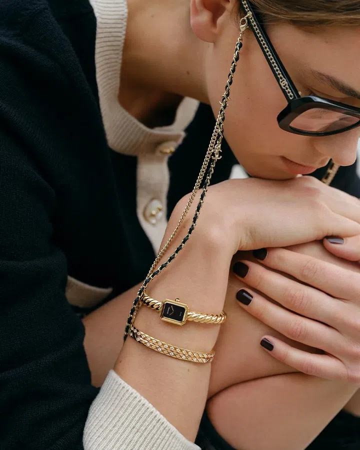 watch trends 2026 | cocktail watches model wearing chanel coco crush bracelets and premiere galon watch