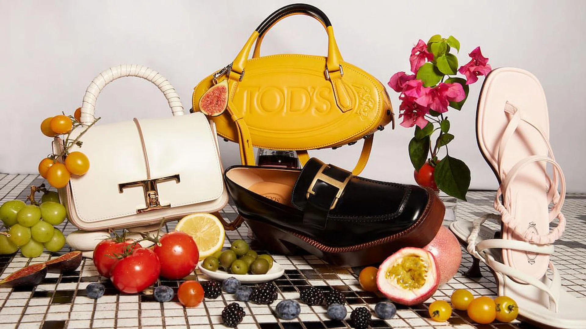 From left: Tod’s T Timeless Handle Bag, Tod’s Bow Bag , Tod’s T Timeless Loafer, Tod’s Sandals. (Photo: Natsuko Teruya)


