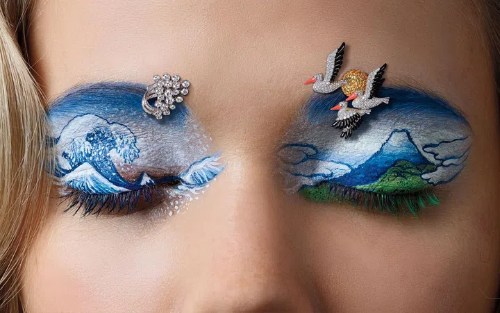 From left: Piaget earrings, price upon request; Van Cleef & Arpels clip, price upon request.
Artwork inspired by Katsushika Hokusai. From Left: 'Under the Wave Off Kanagawa', 1830-31; 'Umezawa Manor in Sagami Province', 1830-32.