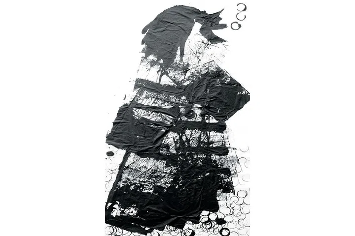 “This is inspired by the traditional qipao (cheongsam). The painting was made by rolling Chinese ink over recycled paper. Each ‘roll’ represents a layer of cloth required to cover the body. The qipao is usually perfectly cut and tailored to fit a female figure so that it presents an elegant form. This artwork questions the materials used in the creation of garments during a time of sustainability and environmental responsiveness.”