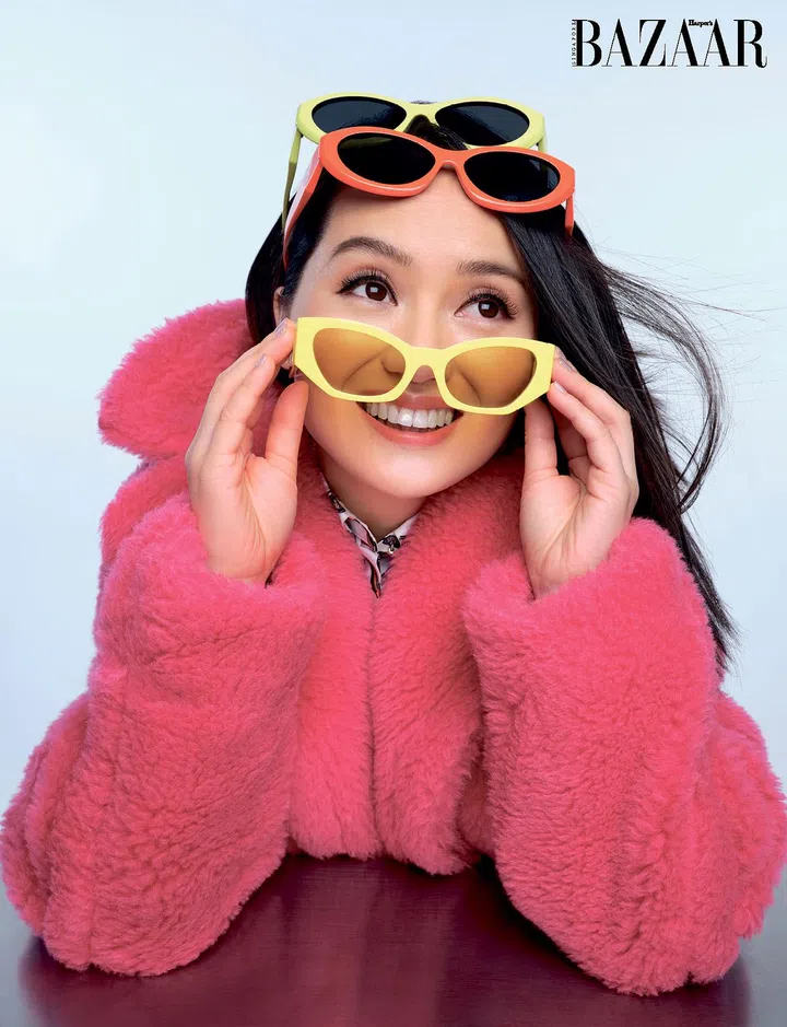 Coat; top, Max Mara. (From the top) Sunglasses, Prada. Sunglasses, Dolce&Gabbana.