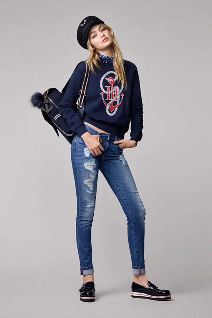 Nautical hat, Gigi scarf, anchor jumper, Venice regular-waist jeans, nautical backpack and leather moccasins.
