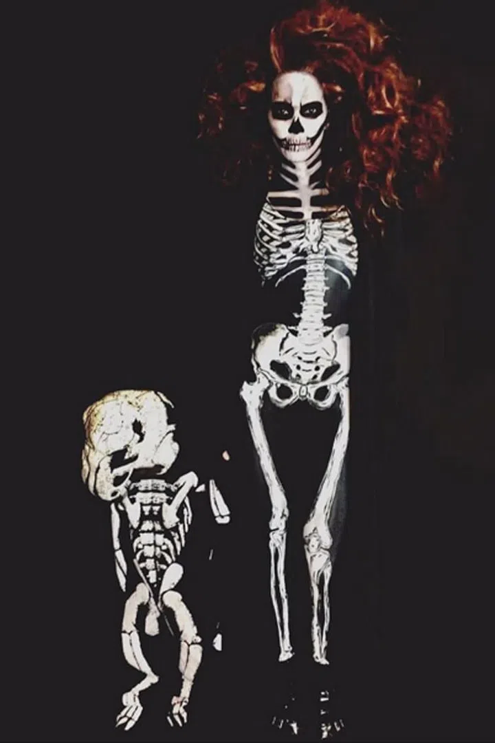 The actress dressed as a skeleton.