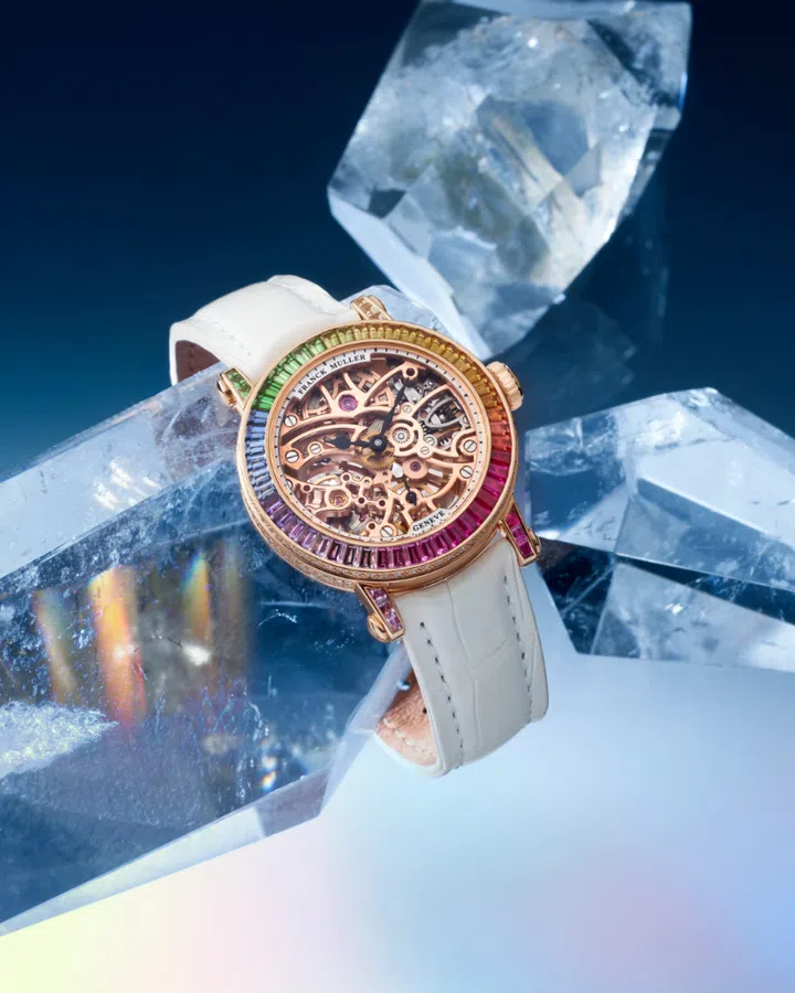 Franck Muller Round skeleton baguette 31 in rose gold sapphire ruby tsavorite
