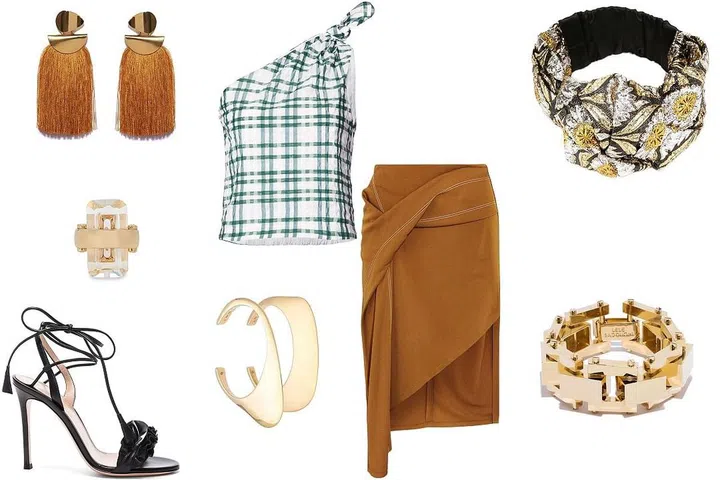 Lizzie Fortunato earrings, $185, Rosie Assoulin top, $695, Gucci headband, $845, Lele Sadoughi bracelet, $375, Atlein skirt, $1,305, Charlotte Chesnais cuffs, $1,370, Lele Sadoughi ring, $120, Gianvito Rossi sandal, $945,