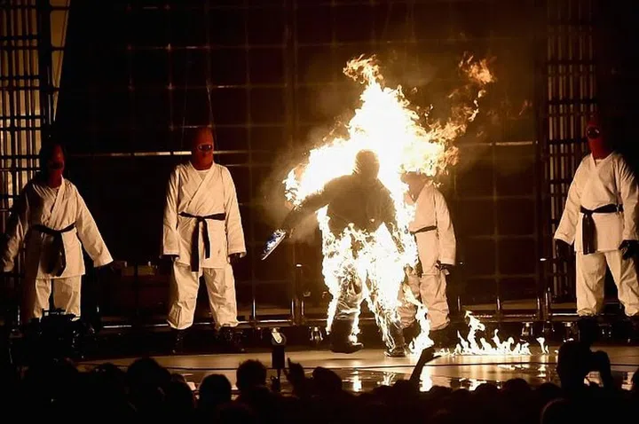 A dancer on fire during Kendrick Lamar’s 2017 Video Music Awards performance. Photo: Getty 