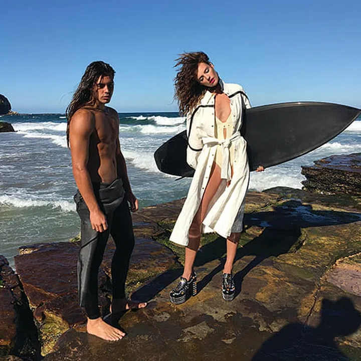 Simon Upton often uses remote Australian beaches as his work space and in this case, Montana Cox was supposed to embody a modern version of Botticelli's 'Birth of Venus'.