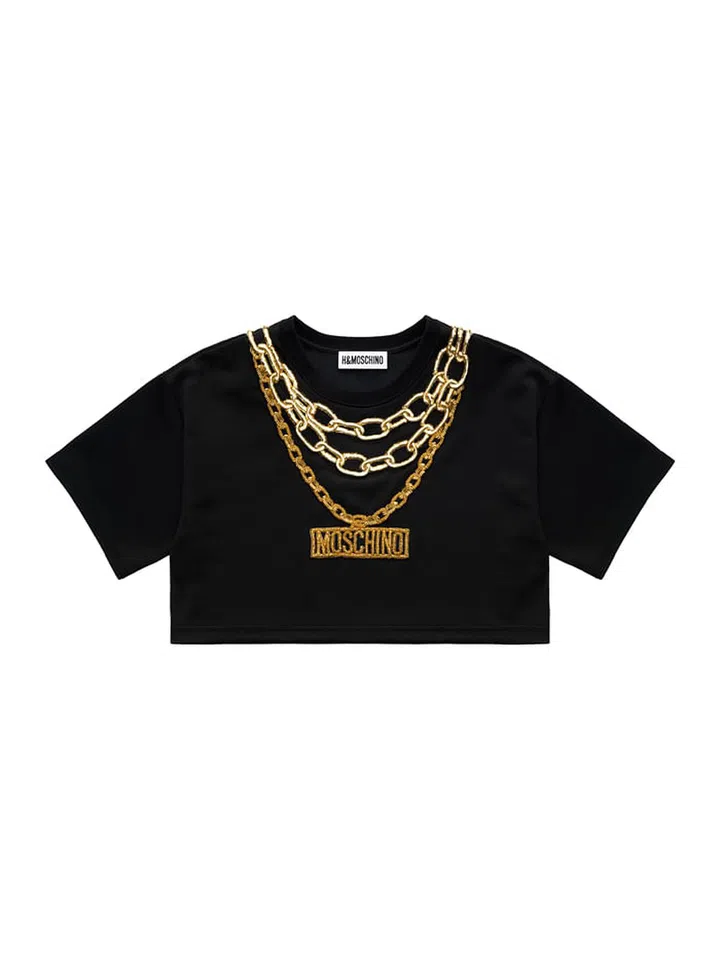 H&amp;M MOSCHINO コラボ チェーントップス Moschino H&M Gold Logo Chain Embellished Jersey Blouse Crop Top T