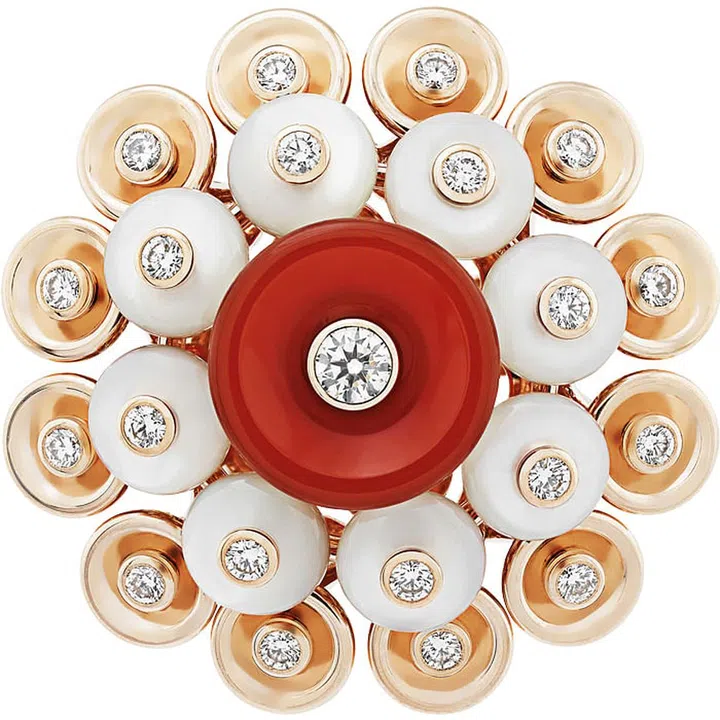 Pink gold, mother-of-pearl, carnelian and diamond Bouton d’Or ring 