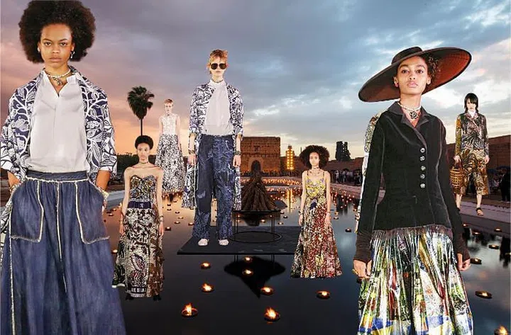 Maria Grazia Chiuri brought her guests to the enchanting El Badi Palace in Marrakech, Morocco, which dates back to the 16th century. Chiuri’s location of choice stemmed from more than just wanderlust: She had in mind ideas of globalism and cultural appreciation. In particular, she wanted to spotlight African artisans and their craft. To that end, she collaborated with Uniwax, a factory and design studio that makes authentic African wax-printed cotton. Its artists reinterpreted key Dior iconography such as jungle creatures, florals and tarot prints by integrating them into the weave of the fabric, complete with deliberate irregularities. The cross-cultural exchange did not end there. Chiuri also worked with several African artists, including a female artisan who wove the opening look’s fringed coat. While the textiles  were new, the silhouettes were familiar: Graceful floor-length dresses accentuating the waistline, utilitarian jumpsuits, voluminous cape-gowns—all done in incredibly vibrant fabrics. On the quieter side of the collection was a series of ethereal white lace dresses and slinky black gowns—the latter a nod to Dior alumnus Yves Saint Laurent, a lifelong lover of Morocco. 