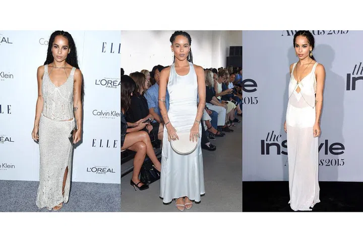 A simple, slim fitting, long white dress — punctuated by delicate jewellery — is a Zoe Kravitz staple. And one we can get behind. 