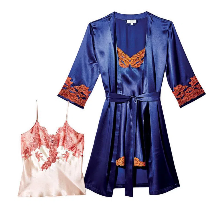 Step up your boudoir game with The Lingerie Shop’s exclusive edit of underwear, swimwear and loungewear,
sourced from European labels such as Andres Sarda and Paladini. From frills and scallop trim, to silk and lace numbers, there are more than enough
options to satisfy the consummate lingerie lover’s desires. (Camisole, $488; robe, $758; slip dress, $488, Visvis at The Lingerie Shop)