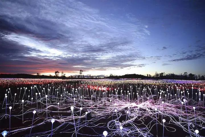 As the sun sets over Uluru (a.k.a. Ayers Rock), the sacred ancient monolith in Australia’s Red Centre, the darkness surrounding it begins to sparkle with dots of purple, orange, red, blue, and yellow. Known as the Field of Light, it’s a sight that has been reported to make people weep. The man responsible for this magical display is the British artist Bruce Munro, who flew in 50,000 solar-powered bulbs from his studio in Wiltshire, England, and planted them over an area the size of seven football fields. The glass spheres constantly change color and are designed to complement their surroundings, not overpower them. They were preapproved by the indigenous Anangu people, who have given the work a name that means “looking at lots of beautiful lights.” Photo: Mark Pickthall