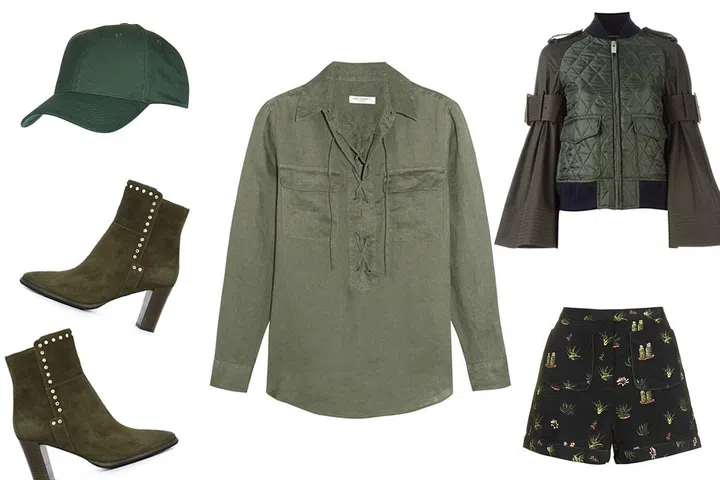Cap, Toshop. Ankle boot, JImmy Choo. Shirt, Equipment. Bomber Jacket, Sacai. Shorts, Topshop