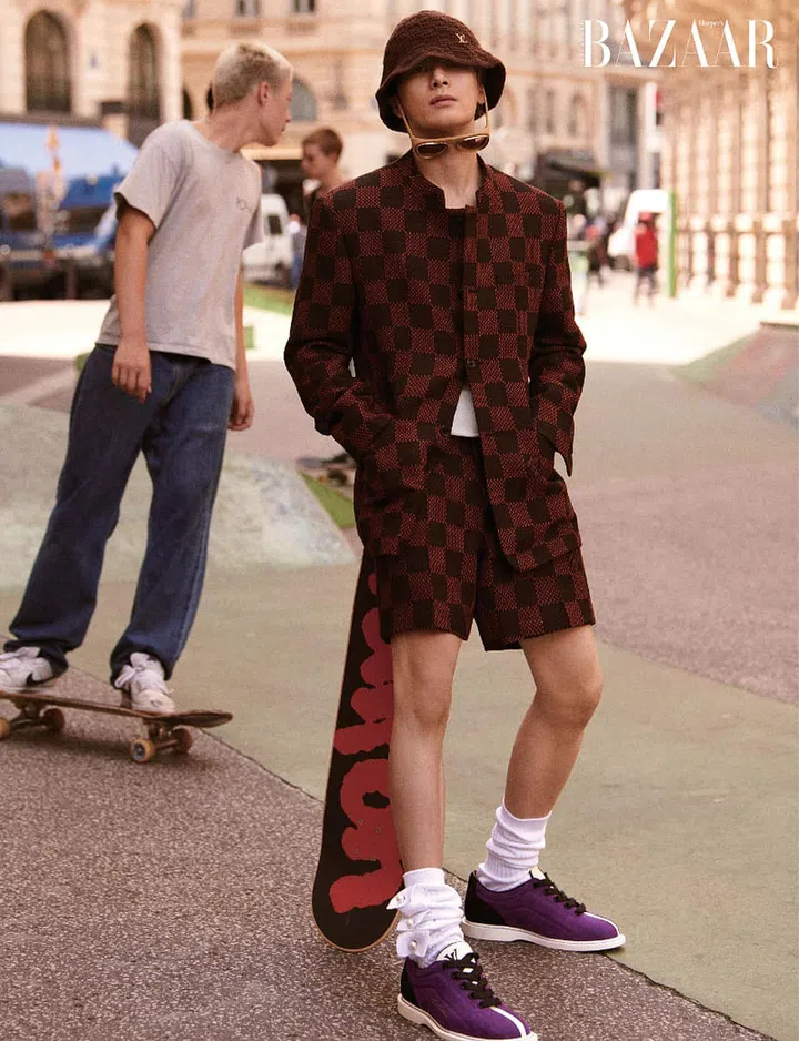 Jacket; vest; shorts; sneakers; hat; sunglasses; socks; skateboard, Louis Vuitton. Photo: Yu Cong