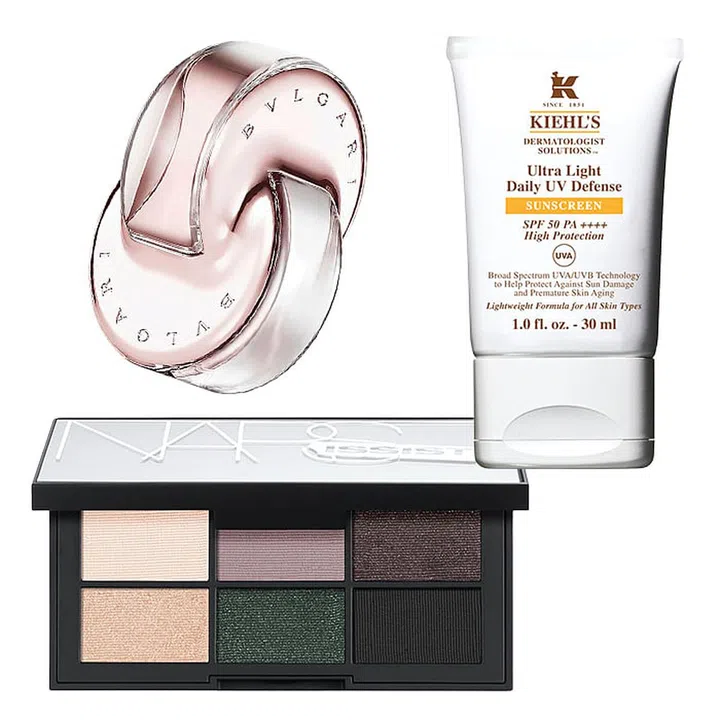 Clockwise, from left: Omnia Améthyste, Bulgari; Ultra Light Daily UV Defense, Kiehl’s; NARSissist Hardwired Eye Kit, NARS