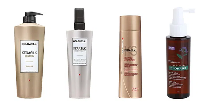 From left: Kerasilk Control Shampoo, Kerasilk Intensive Repair Pre Treatment, Kerasilk Ultra Rich Keratin Care Shampoo, Klorane Force Tri-Activ (Volume/Anti hair Loss). Photo: Courtesy of brands
