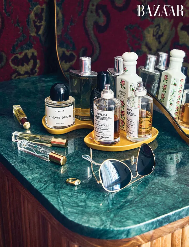 Some of his favourite fragrances from Maison Margiela, Gucci and Byredo sit on a marble top counter near the entrance.