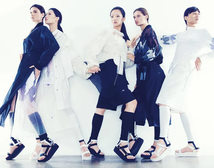 Originally trained in menswear, Mak applied his knowledge of tailoring to the womenswear arena and produced a collection rooted in the exploration of contrast and opacity. Clothes; accessories, Fedri Mak. Sandals, Teva