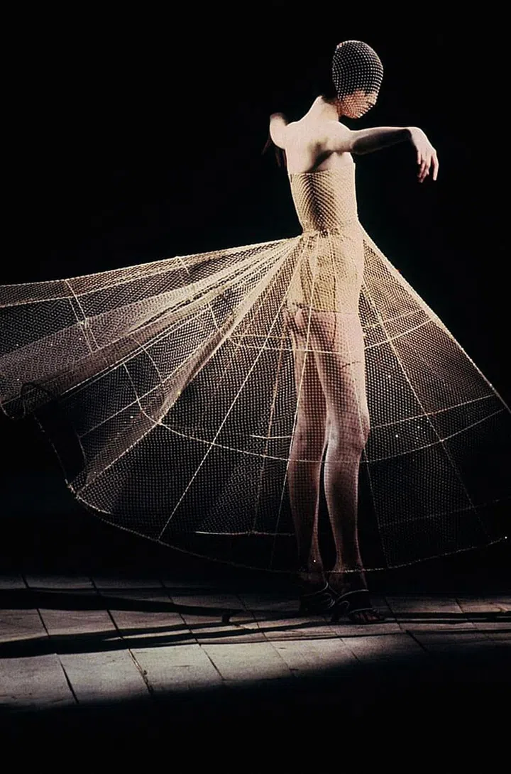 A Swarovski mesh hood and structured skirt from the designer's Spring 1999 collection. Photo: Swarovski  