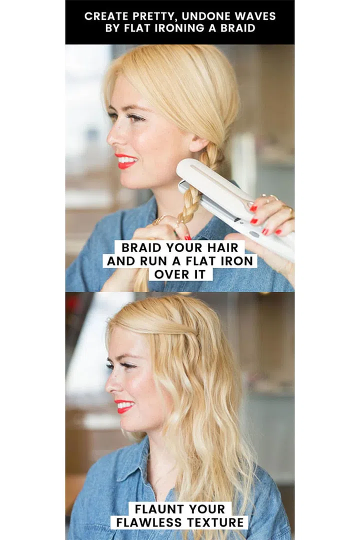 19. Create pretty, undone waves by flat-ironing your braid. While your straightener heats up, braid your hair in a traditional braid. Then, pass your flat iron over the braid a few times. Finally, unravel your braid once it cools and boom: You've got gorgeous, bend-y waves.